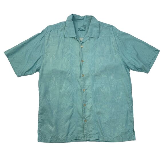 Tommy Bahama Shirt Mens M Medium Aqua Silk Leaf Hawaiian Short Sleeve Jacquard - Picture 1 of 10